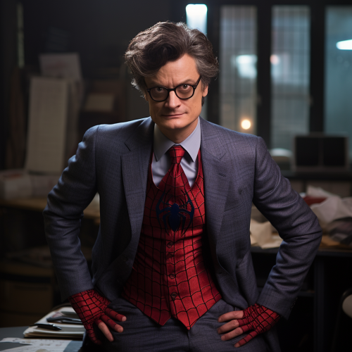 Colin Firth in Spider-Man Costume with Grey Blazer and Wig Colin Firth in Spider-Man Costume with Grey Blazer and Wig
