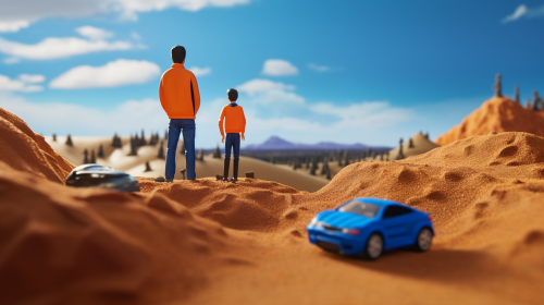 Two college students racing toy cars on a hill .