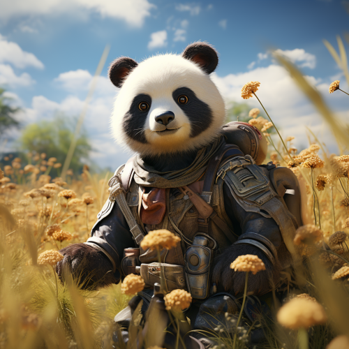 Colonial panda riding horse in field