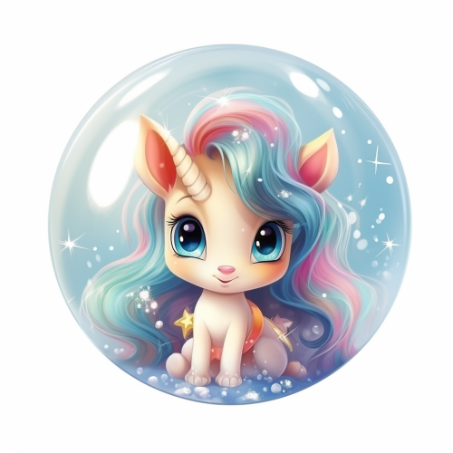 Beautiful tender baby unicorn in colorful bubble