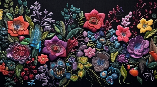 Beautiful embroidered fabric with colorful flowers