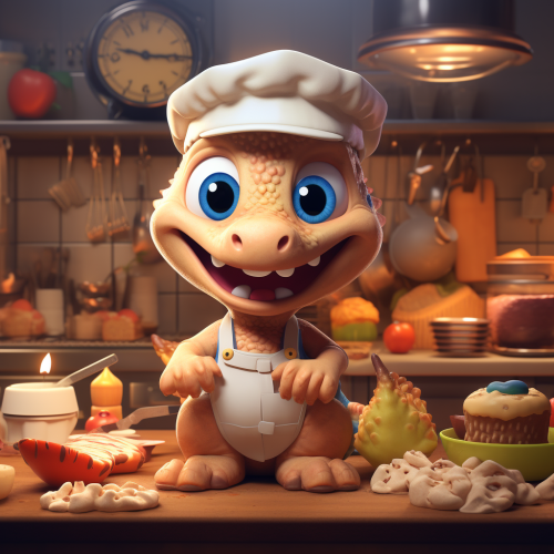 Cute dinosaur chef baking cookies