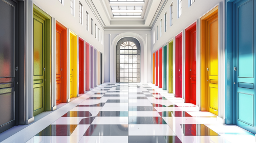 Colorful doors in modern corridor
