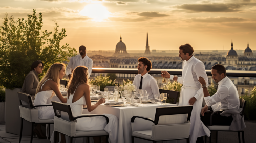 Guests enjoying rooftop dinner
