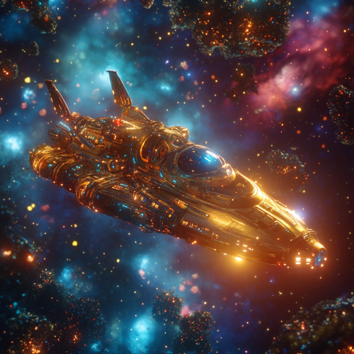 Spaceship flying in night sky Spaceship flying in night sky