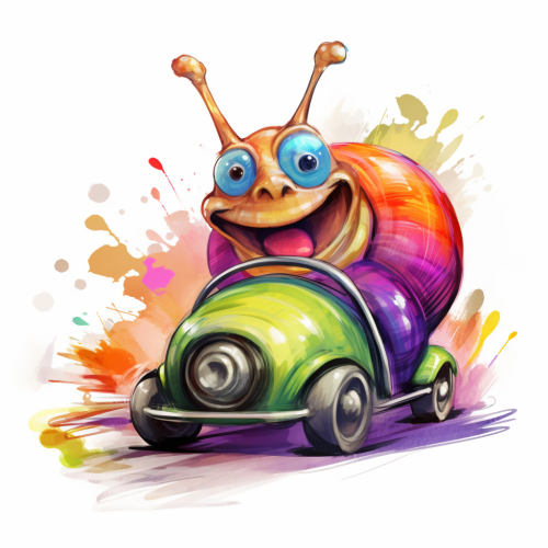 Colourful sketch of a snail in a go-kart laughing