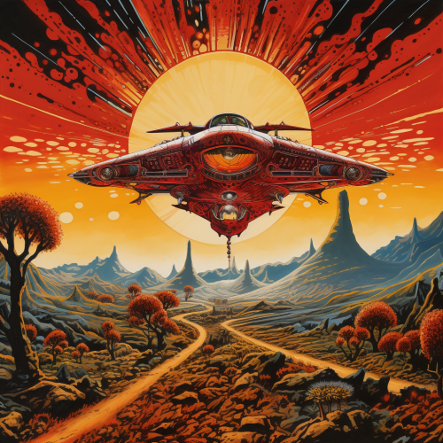 Comic art of solar punk landscape with starship