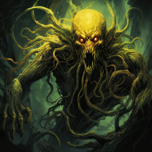 Comic-style Eldritch Lovecraft monster with yellow eyes and sharp teeth