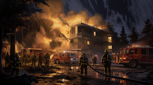Firefighters and residents working together during emergency Firefighters and residents working together during emergency