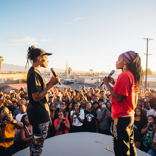 Two African American female rappers in intense battle Two African American female rappers in intense battle