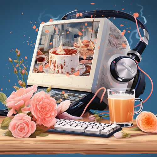 Various items including computer, headphones, phone, boba tea, sushi, coffee, and flowers.