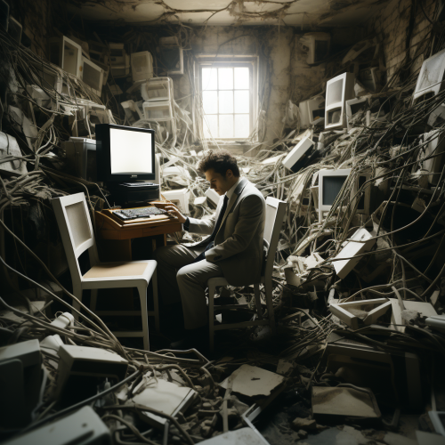 Man overwhelmed by computer machines