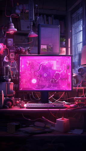 Computer parts and sensors on desk with monitor