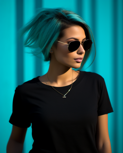 Confident young lady in turquoise blue and black