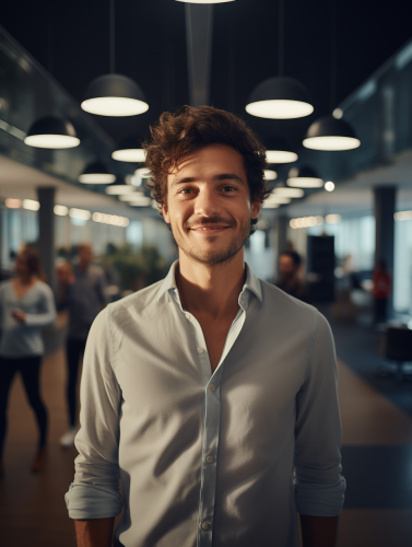 Confident smiling young man in fun tech office Confident smiling young man in fun tech office