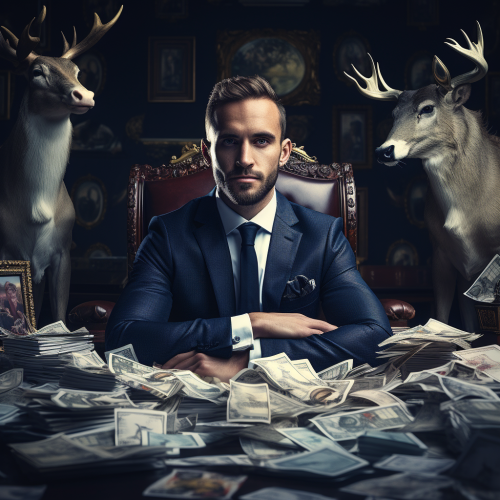 Confident man behind desk with money stacks