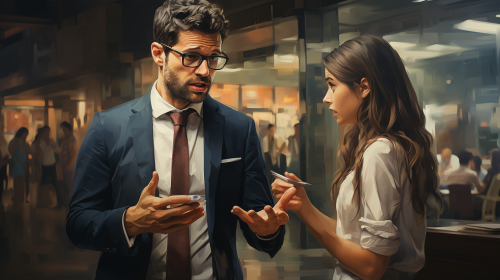 Confused businessman arguing with girlfriend