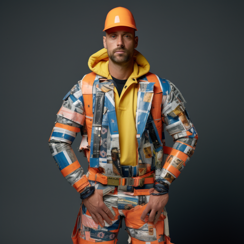 Construction worker in wrapping paper outfit Construction worker in wrapping paper outfit