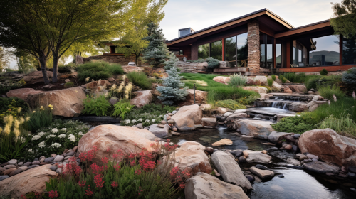Beautiful backyard garden with quartzite rocks