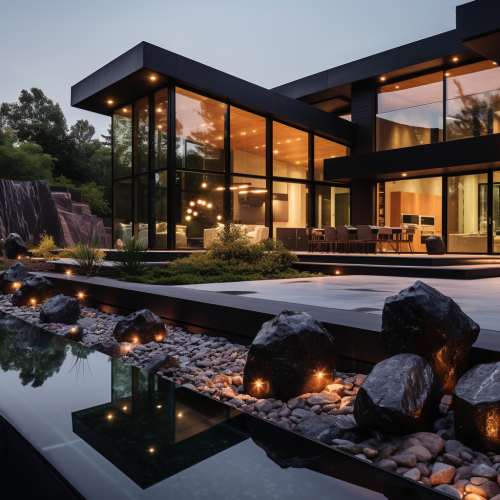 Contemporary modern house with black decorative rocks Contemporary modern house with black decorative rocks