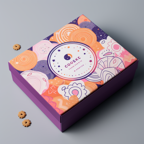 Colorful cookie box with circle pattern and asterisks