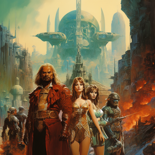 Detailed fantasy city illustration with film grain