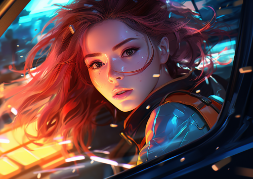 Coquettish beautiful futuristic anime girl police car chase