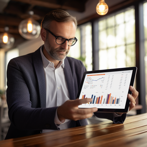 Corporate Executive using Data-Driven Dashboard on Tablet