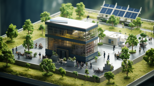 Miniature business people and renewable energy buildings
