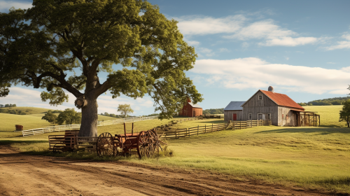 Beautiful country landscape with barn and oak tree