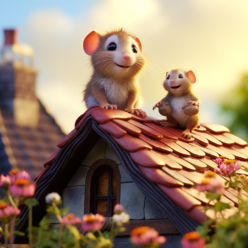Mouse and bird on countryside roof