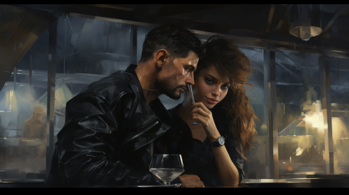 Couple arguing in bar wearing Iris van Herpen leather straps