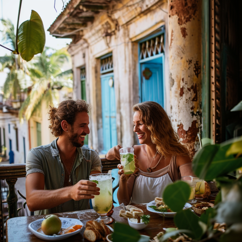 Couple drinking apple mojito tea in Cuban surrounding
