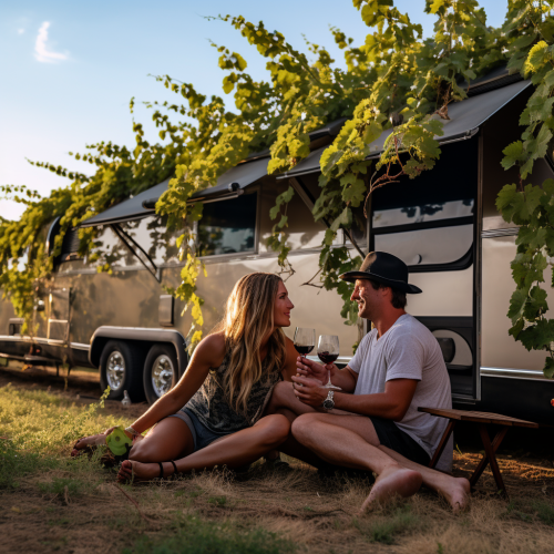 Couple enjoying wine surrounded by grapevines