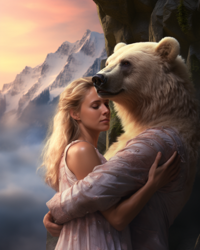 Couple Embracing Bear Magical Setting Couple Embracing Bear Magical Setting
