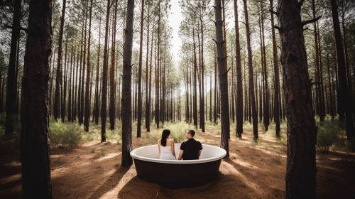 Couple enjoying outdoor bathtub surrounded by pine forest
