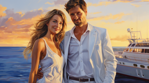 Couple standing in front of azure ocean sunset