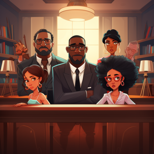 Cartoon-style courtroom drama with defendants and jury