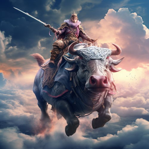 Cow riding carp above clouds