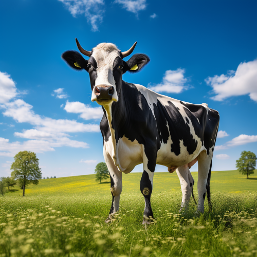Cow on Grassfield with Blue Sky and Trees Cow on Grassfield with Blue Sky and Trees