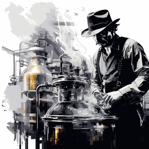 rugged cowboy overseeing distillation process whiskey vapors