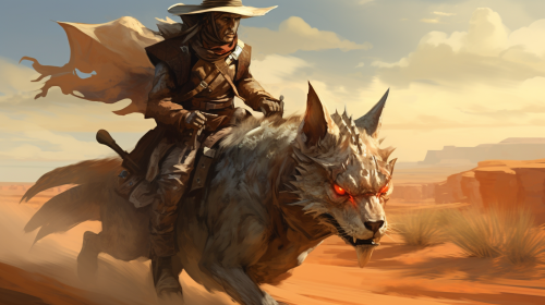Cowboy riding giant jerboa in desert