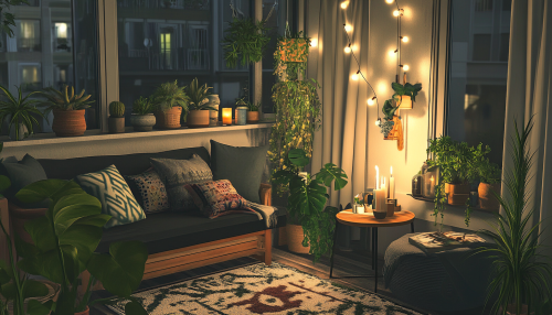 Relaxing Balcony with Plants and String Lights Relaxing Balcony with Plants and String Lights