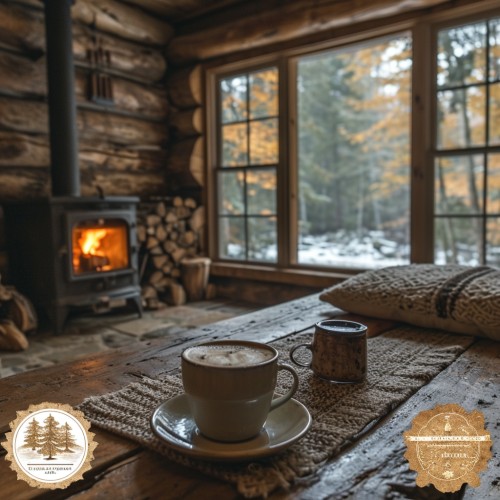 Cozy Cabin in Woods with Fireplace and Coffee Cozy Cabin in Woods with Fireplace and Coffee