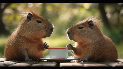 Cute capybaras enjoying tea together