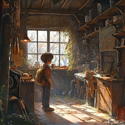 Child in a Cozy Workshop with Windows and Doors
