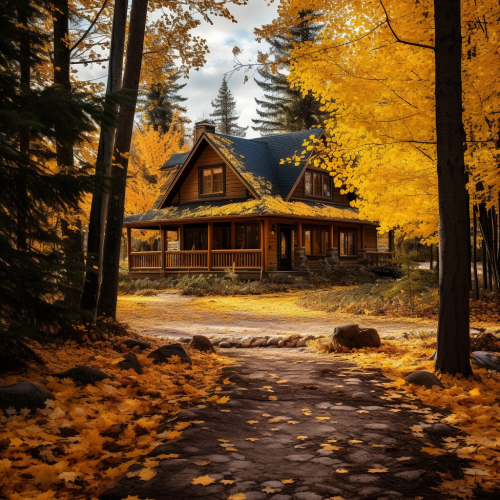 Cozy log cabin surrounded by autumn trees Cozy log cabin surrounded by autumn trees