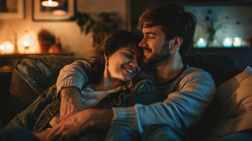 Young couple sitting together small couch