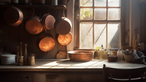 Cozy Rustic Kitchen with Vintage Copper Pots Cozy Rustic Kitchen with Vintage Copper Pots