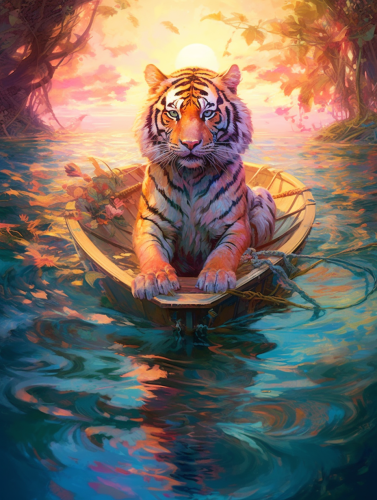 Colorful Psychedelic Tiger in a Boat